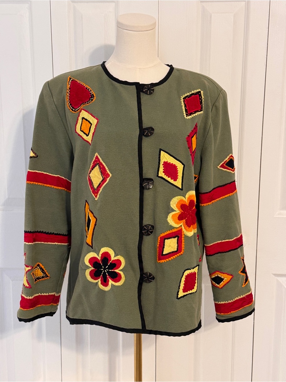 Vintage Patchington Army Green Embroidered Button Front Jacket with red yellow M